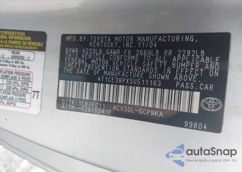 2005 Toyota Camry Solara Se Sport z USA, uszkodzony, nr VIN 4T1CE38PX5U511163